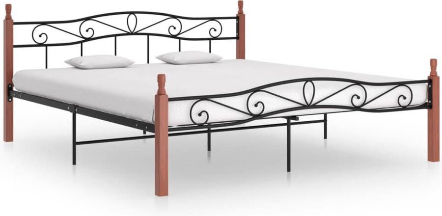 The Living Store Bedframe metaal en massief eikenhout zwart 180x200 cm Bedframe Bedframes Bed Bedden Frame Frames Tweepersoonsbed Tweepersoonsbedden Bedombouw Bedombouwen Metalen Bed