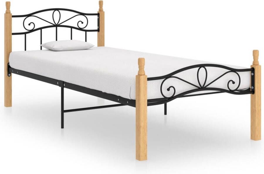 The Living Store Bedframe metaal en massief eikenhout zwart 90x200 cm Bedframe Bedframes Bed Bedden Frame Frames Eenpersoonsbed Eenpersoonsbedden Bedombouw Bedombouwen Metalen Bed