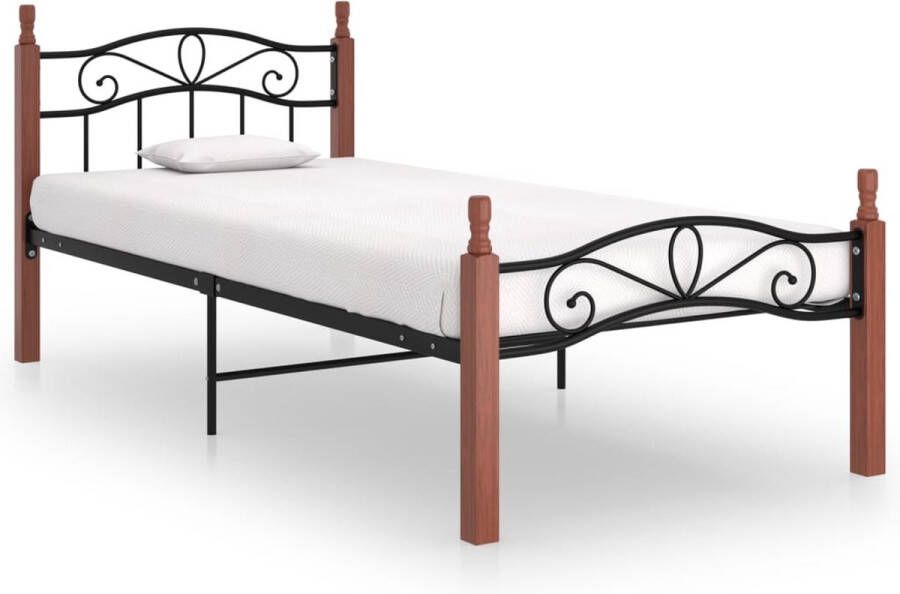 The Living Store Bedframe metaal en massief eikenhout zwart 90x200 cm Bedframe Bedframes Bed Bedden Frame Frames Eenpersoonsbed Eenpersoonsbedden Bedombouw Bedombouwen Metalen Bed