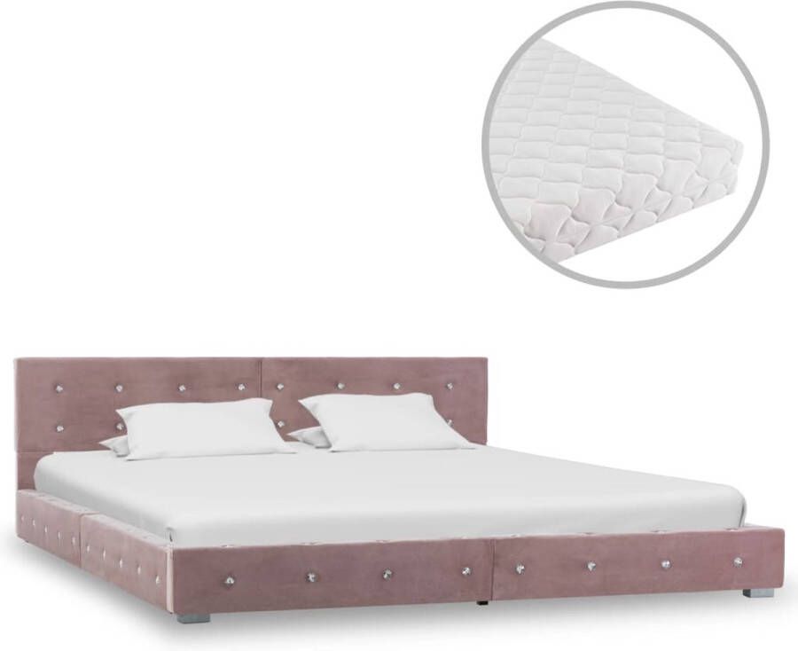 The Living Store Bedframe Queen Size Roze Gepoedercoat IJzeren Frame MDF Multiplex Gepoedercoate Stalen Poten 214.5 x 174 x 64 cm Matras Wit 200 x 160 x 17 cm Wasbare Gevoerde Hoes Polyester