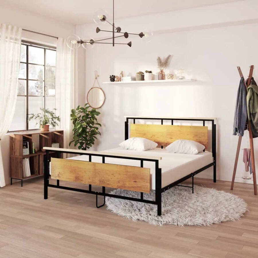 The Living Store Bedframe s Metalen 208.5 x 166 x 90 cm (L x B x H) Zwart Massief Eikenhout Gepoedercoat Metaal en MDF Geschikt voor 160 x 200 cm Matras Montage vereist