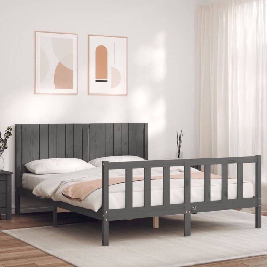 The Living Store Bedframe met hoofdbord massief hout grijs 5 FT King Size Bedframe Bedframes Bed Tweepersoonsbed Slaapkamermeubel Houten Bedframe Houten Bed Bedbodem Massief Houten Bedframe Ledikant Bedframe Met Hoofdeinde - Foto 3