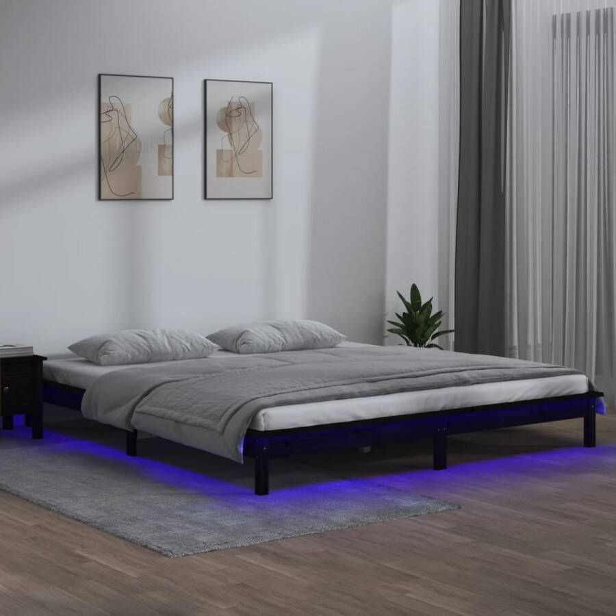The Living Store Bedframe Solid Pine LED-verlichting 212 x 211.5 x 26 cm Zwart Houten Bedframe Led Verlichting Slaap Kamer Pine Wood Zwarte Kleur
