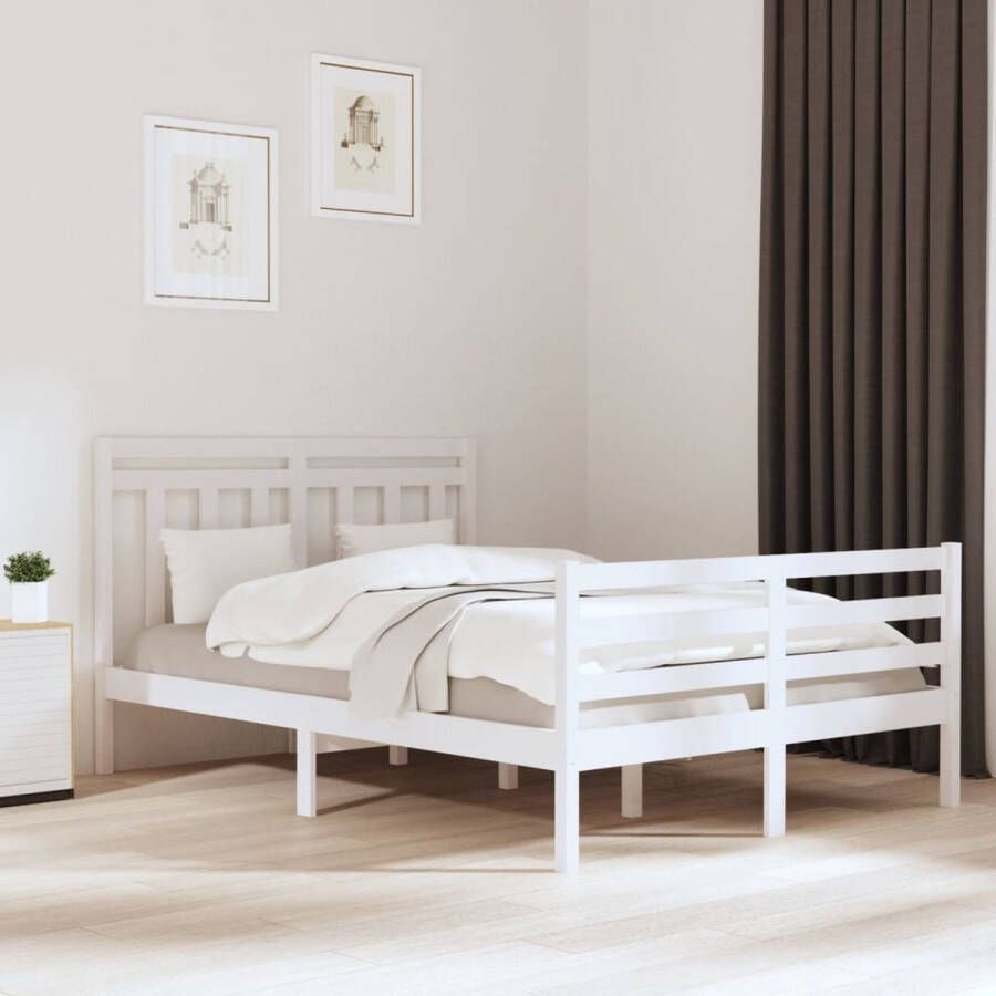 The Living Store Bedframe Wit Massief Grenenhout Multiplex Lattenbodem 205.5 x 125.5 x 69.5 cm 120 x 200 cm Wit Bedframe Houten Bed Massief Grenenhout Bed Tweepersoons Bed Met Hoofdbord