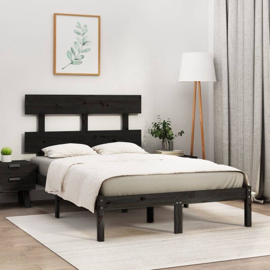 The Living Store Bedframe Zwart Grenenhout 205.5 x 145.5 x 31 cm 140 x 200 cm (matras niet inbegrepen) Houten Bedframe Tweepersoons Bed Zwarte Bedbank Massief Grenenhout Bed Bedframe Met Hoofdbord