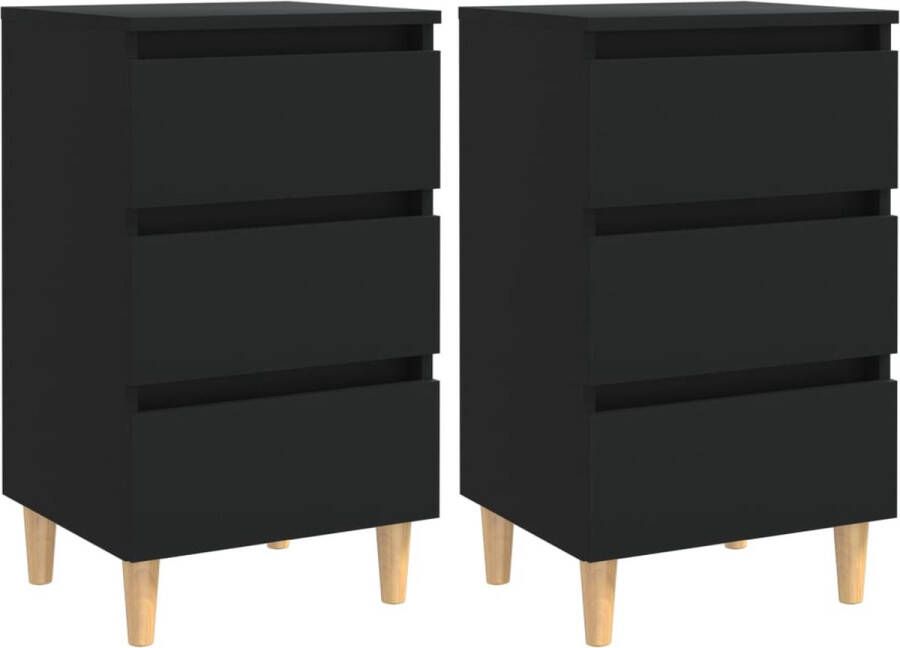 The Living Store Bedkastjes Scandinavische charme 4 houten poten 3 lades zwart 40 x 35 x 69 cm - Foto 2