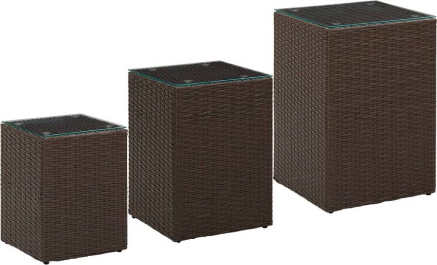 The Living Store Bijzettafels Poly rattan Glazen tafelblad Bruin 40x40x62 cm Inclusief 3 maten Bijzettafels Poly Rattan Meubilair Glazen Tafelblad Bruine Meubels Salontafeltje - Foto 2