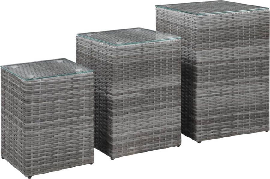 The Living Store bijzettafels poly rattan glas metaal grijs 40x40x62cm 35x35x52cm 30x30x42cm Bijzet Tafel Poly Rattan Tafel Glazen Tafel Salontafel Buitentafeltje - Foto 2