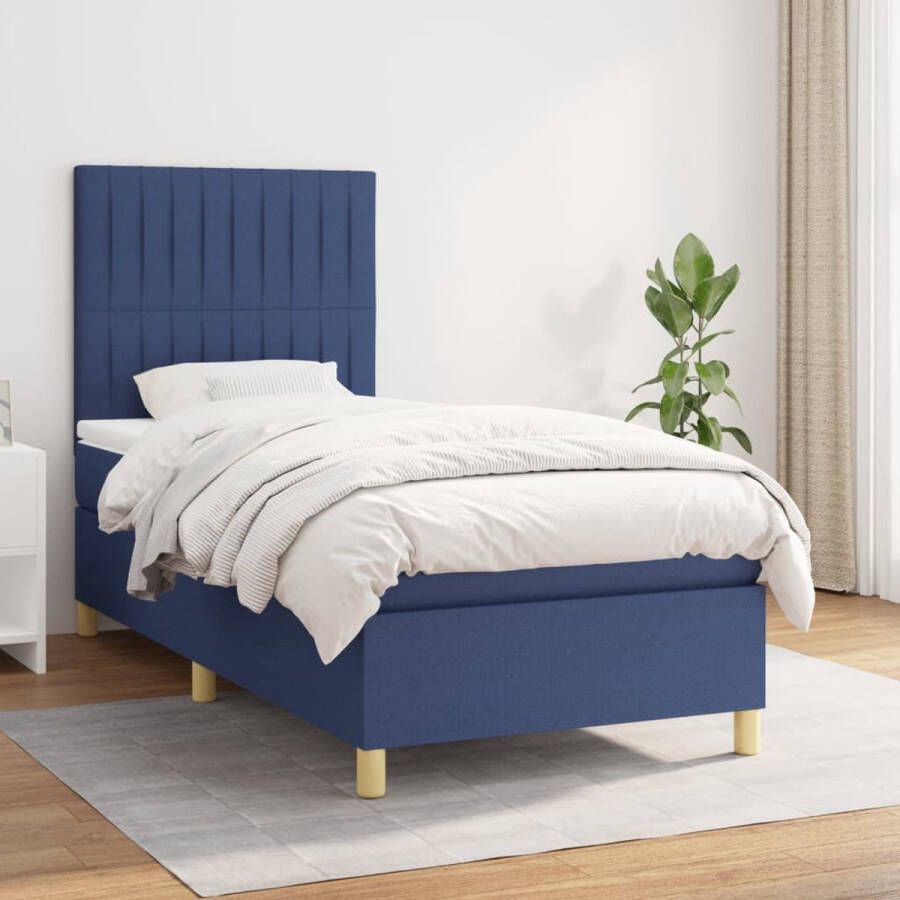 The Living Store Blauw Boxspringbed 203 x 90 x 118 128 cm Hoofdbord in hoogte verstelbaar Pocketvering matras Middelharde ondersteuning Huidvriendelijk topmatras Inclusief montagehandleiding