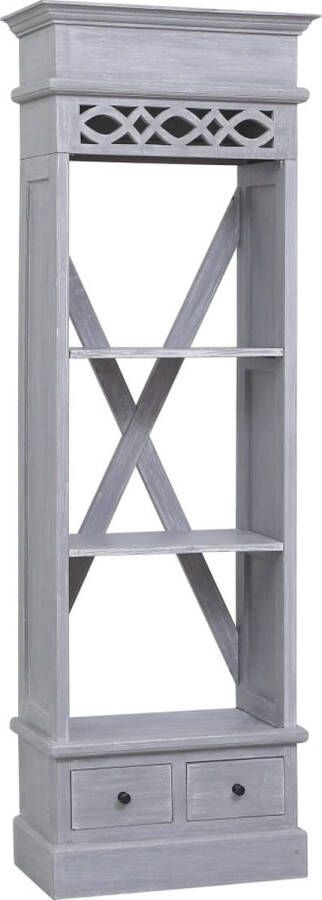 The Living Store Boekenkast Massief Mahoniehout Greywash 60 x 30 x 175 cm Met 3 Vakken en 2 Lades Boekenkast Mahoniehouten Meubilair Grijze Kast Vintage Stijl Opslagruimte