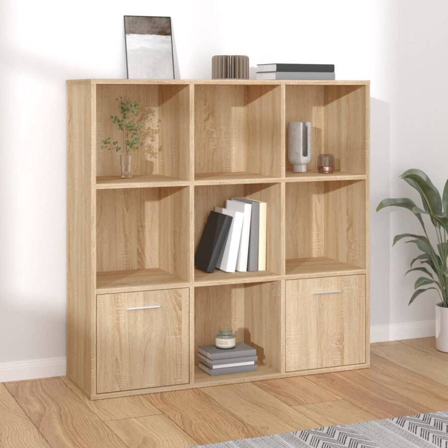 The Living Store Boekenkast Sonoma Eiken 98 x 30 x 98 cm Met 7 Open Kubussen en 2 Deuren - Foto 2