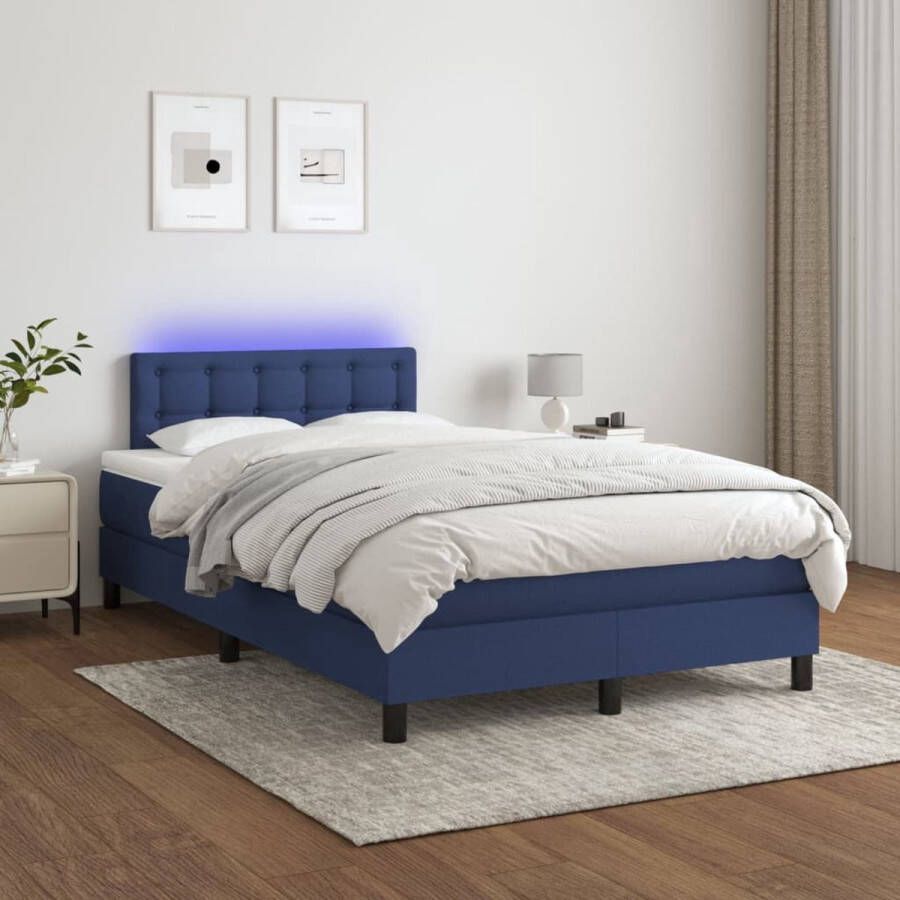 The Living Store Boxspring 120x200 cm Met LED verlichting Blauw stoffen bed met verstelbaar hoofdbord Duurzaam materiaal Pocketvering matras Huidvriendelijk topmatras