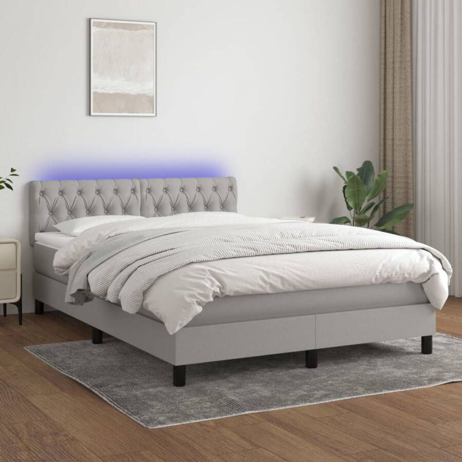 The Living Store Boxspring 140x190 LED Pocketvering Matras Huidvriendelijk Topmatras Lichtgrijs Bed + Matras + Topmatras + LED-strips