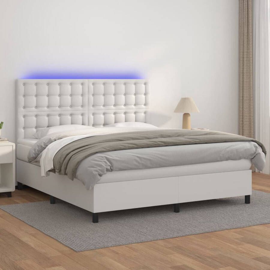 The Living Store Boxspring 160x200 LED Kunstleren bed met verstelbaar hoofdbord en pocketvering matras