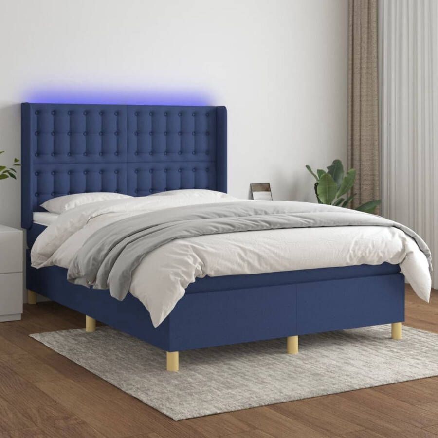 The Living Store Boxspring Bed 140x200 Blauw LED en Pocketvering Matras