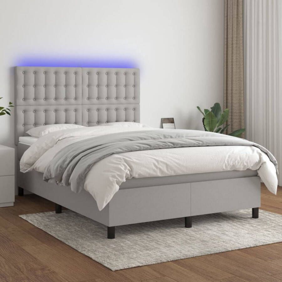 The Living Store Boxspring Bed 193x144x118 128 cm LED-verlichting Pocketvering Matras Huidvriendelijk Topmatras Lichtgrijs