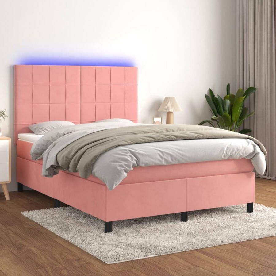 The Living Store Boxspring Bed 193x144x118 128cm Roze Fluweel Verstelbaar hoofdbord LED-verlichting Pocketvering matras Huidvriendelijk topmatras