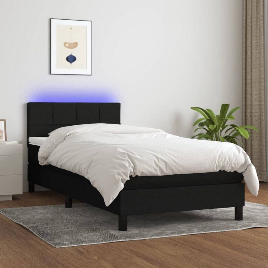 The Living Store Boxspring Bed 203 x 90 cm met LED-verlichting verstelbaar hoofdbord pocketvering matras en huidvriendelijk topmatras Zwart wit LED-strip inbegrepen