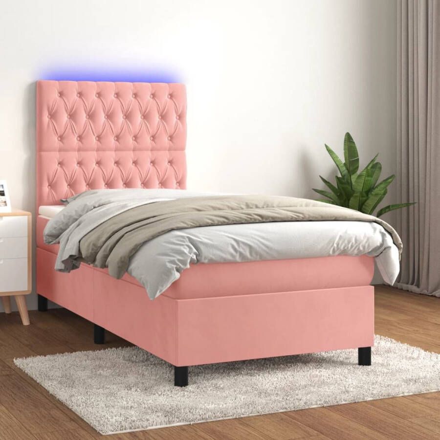 The Living Store Boxspring met matras en LED fluweel roze 90x200 cm Boxspring Bed Fluweel Roze Tweepersoonsbed