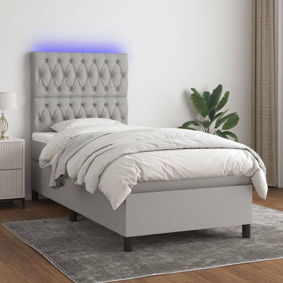 The Living Store Boxspring met matras en LED stof lichtgrijs 100x200 cm Boxspring Boxsprings Bed Slaapmeubel Boxspringbed Boxspring Bed Tweepersoonsbed Bed Met Matras Bedframe Ledikant Bed Met LED