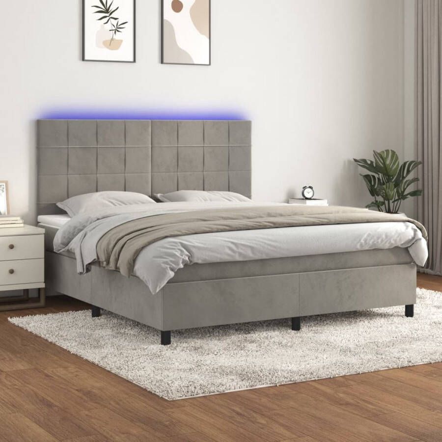 The Living Store Boxspring met matras en LED fluweel lichtgrijs 160x200 cm Boxspring Led Bed Velvet Bed King Size Bed Slaapcomfort