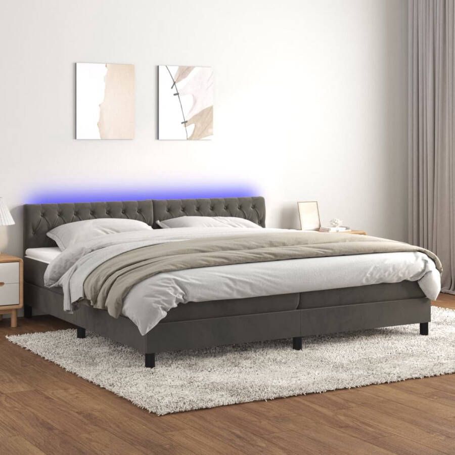 The Living Store Boxspring Bed Afmeting- 203 x 200 x 78 88 cm Ken- Fluweel verstelbaar hoofdbord LED-verlichting pocketvering matras huidvriendelijk topmatras Boxspring Bed Fluweel Lederlook Grijs