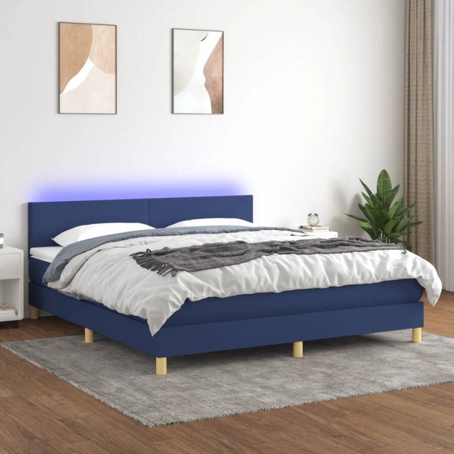 The Living Store Boxspring met matras en LED stof blauw 180x200 cm Boxspring Bed Tweepersoons Bed Blauwdruk Bed Led Lampjes Bed Boxspring Frame