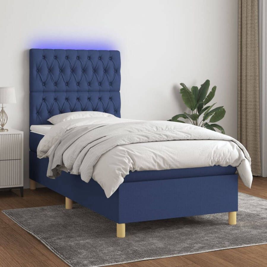 The Living Store Boxspring Bed Blauw 203x100x118 128 cm LED-verlichting en Pocketvering Matras Huidvriendelijk Topmatras