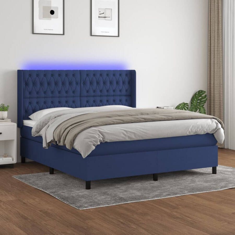 The Living Store Boxspring Bed Blauw LED 180 x 200 cm Pocketvering Matras Huidvriendelijk Topmatras