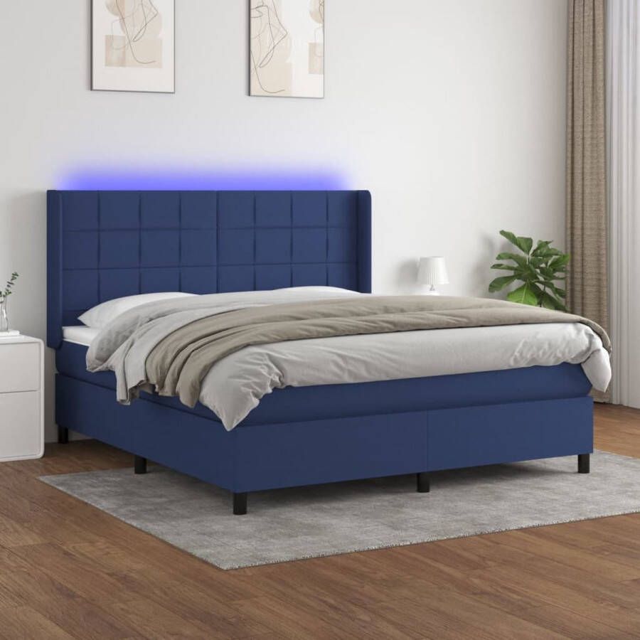 The Living Store Boxspring Bed Blauwe stof 203 x 163 x 118 128 cm Verstelbaar hoofdbord Kleurrijke LED-verlichting Pocketvering matras Huidvriendelijk topmatras Inclusief montagehandleiding