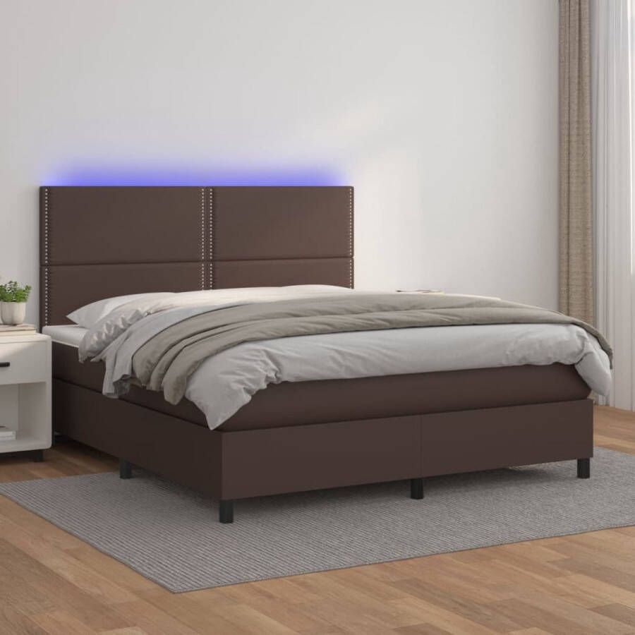 The Living Store Boxspring Bed Bruin Kunstleer 203x144 cm LED-verlichting - Foto 1