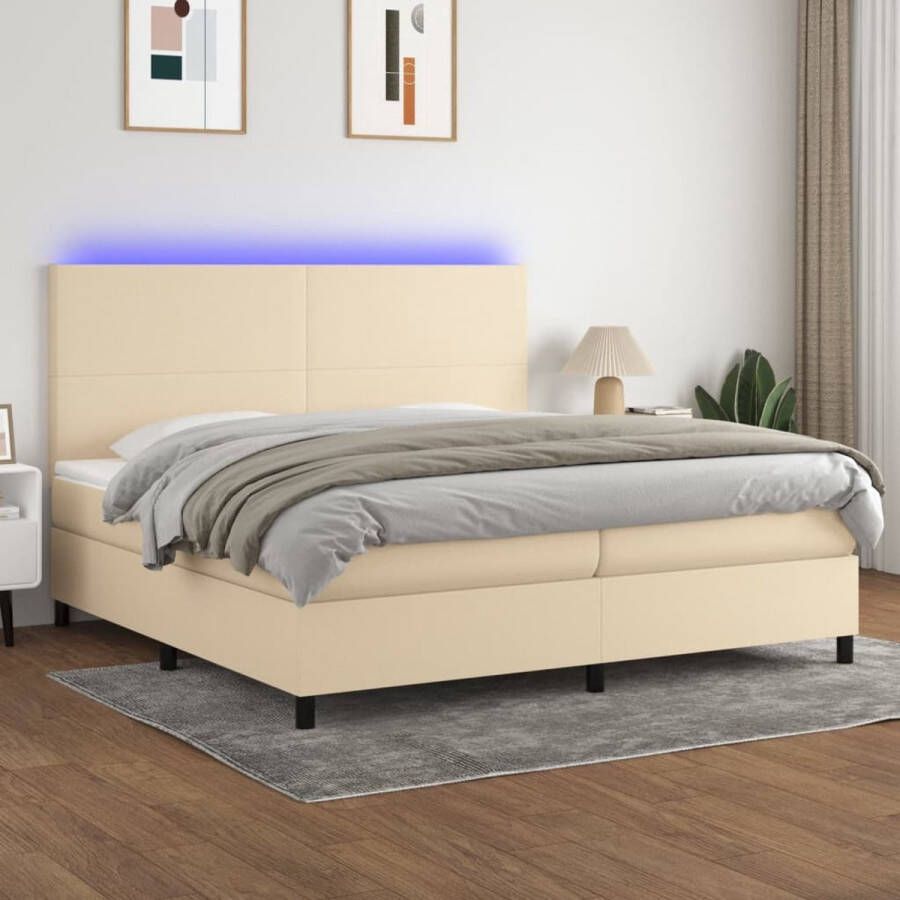 The Living Store Boxspring Bed Crème 203 x 200 x 118 128 cm Verstelbaar hoofdbord Kleurrijke LED-verlichting Pocketvering matras Huidvriendelijk topmatras 1 bedframe 1 hoofdeind 2 matrassen 1 topmatras 2 LED-strips