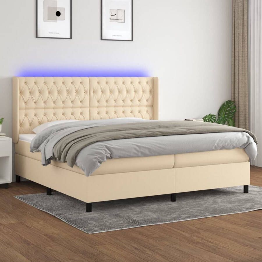The Living Store Boxspring Bed Crème 203x203x118 128 cm Verstelbaar hoofdbord Kleurrijke LED-verlichting Pocketvering matras Huidvriendelijk topmatras Inclusief 2 matrassen en 2 LED-strips