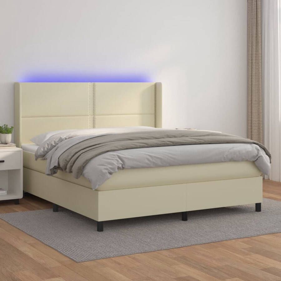 The Living Store Boxspring Bed Crème Kunstleer 180x200 cm LED-verlichting