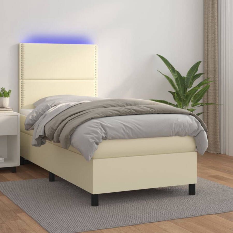 The Living Store boxspring bed Crème kunstleer 203 x 100 x 118 128 cm Met verstelbaar hoofdbord LED-verlichting pocketvering matras en huidvriendelijke topmatras