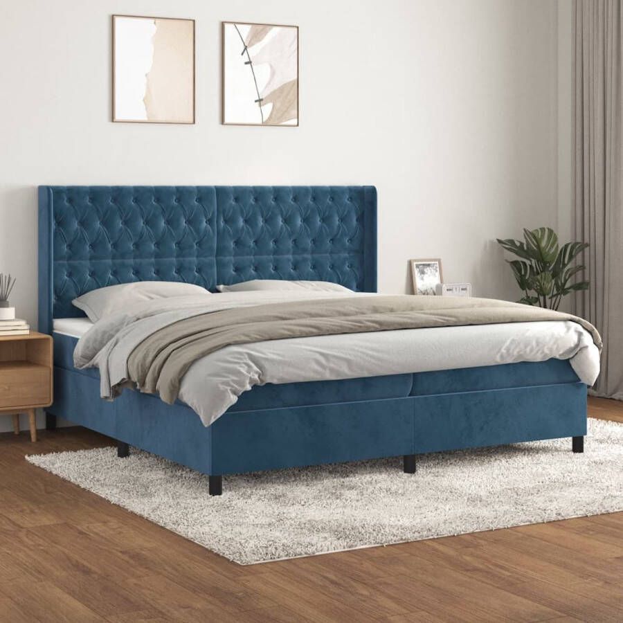 The Living Store Boxspring Bed Donkerblauw fluweel Pocketvering matras Middelharde ondersteuning Huidvriendelijk topmatras