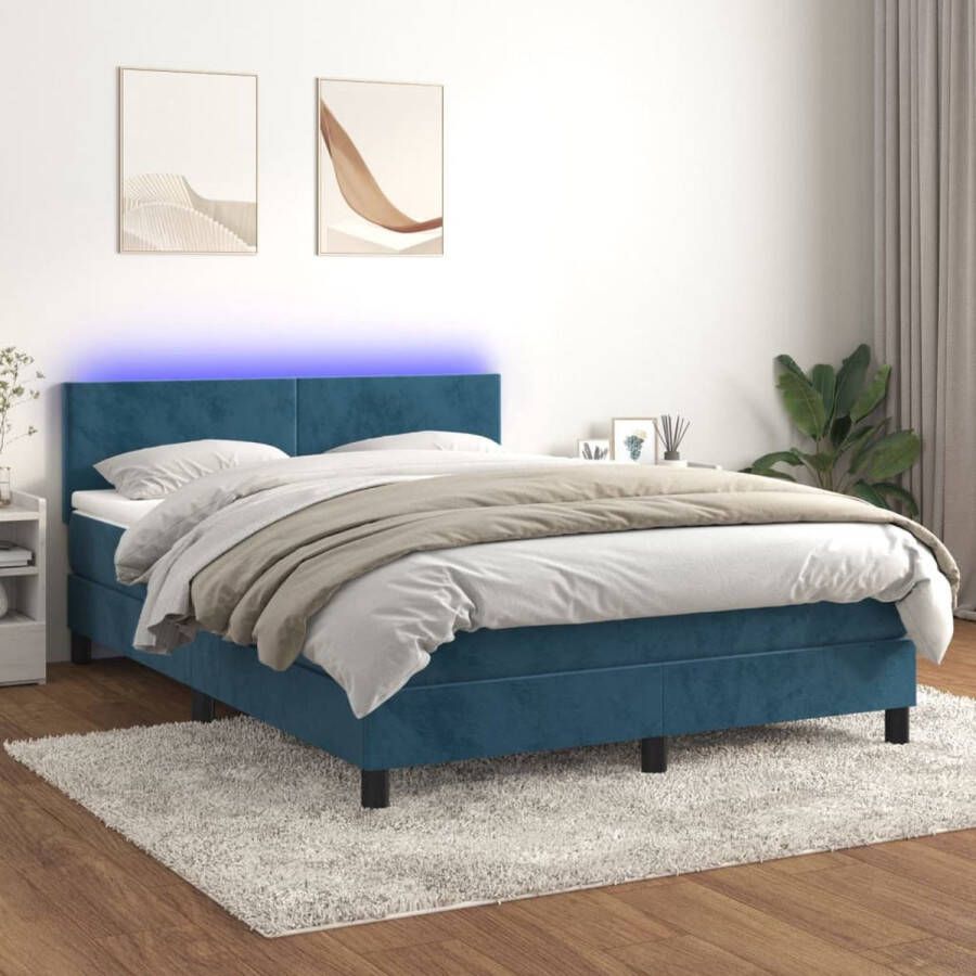 The Living Store Boxspring Bed Donkerblauw Fluwelen Pocketvering Matras Huidvriendelijk