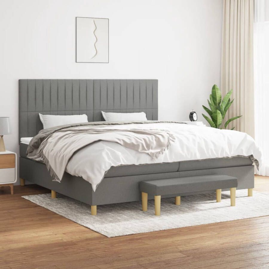 The Living Store Boxspring bed Donkergrijs 203 x 200 x 118 128 cm Inclusief Matrassen en Bankje Boxspring Bed Donkere Kleuren Tweepersoonsbed Slaapcomfort Pocketed Veren