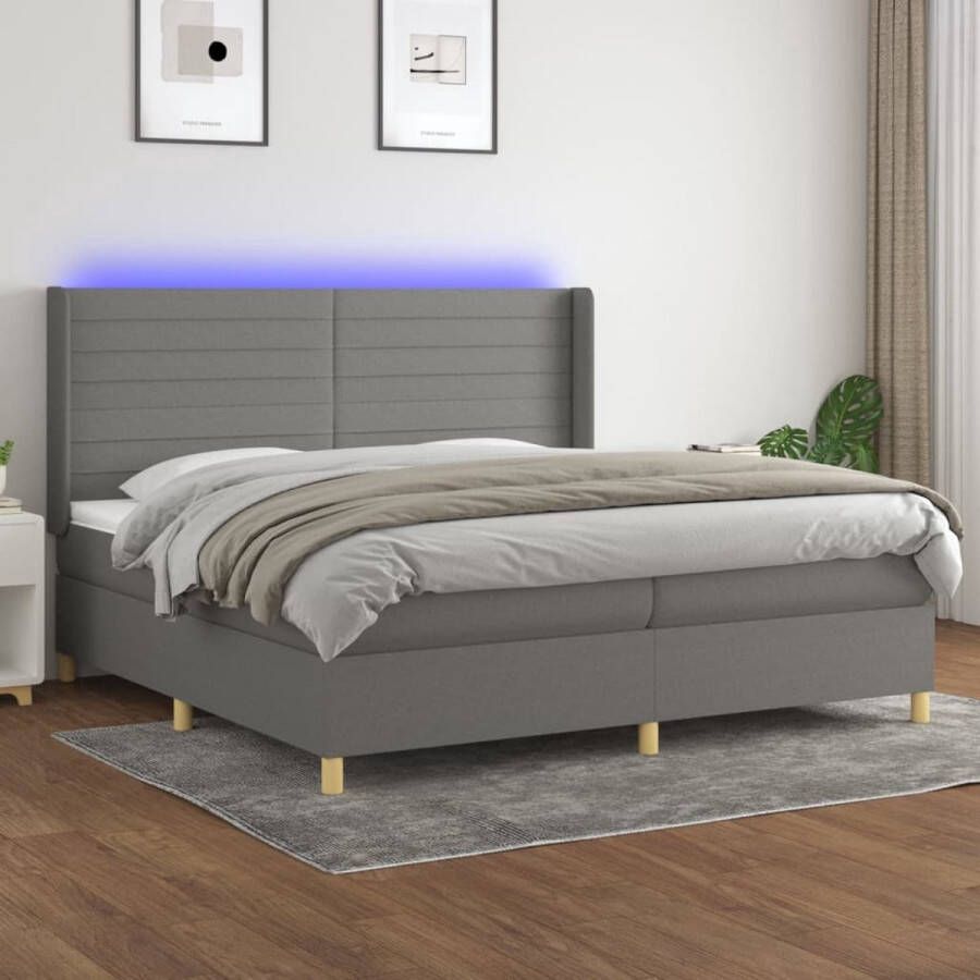 The Living Store Boxspring bed donkergrijs 203 x 203 x 118 128 cm LED verlichting pocketvering matras huidvriendelijk topmatras Boxspring Bed Boxspring Led Bed Tweepersoonsbed Donkere Kleuren