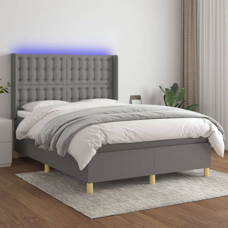 The Living Store Boxspring Bed Donkergrijs 203x147x118 128 cm LED verlichting Pocketvering matras Huidvriendelijk topmatras Inclusief montagehandleiding