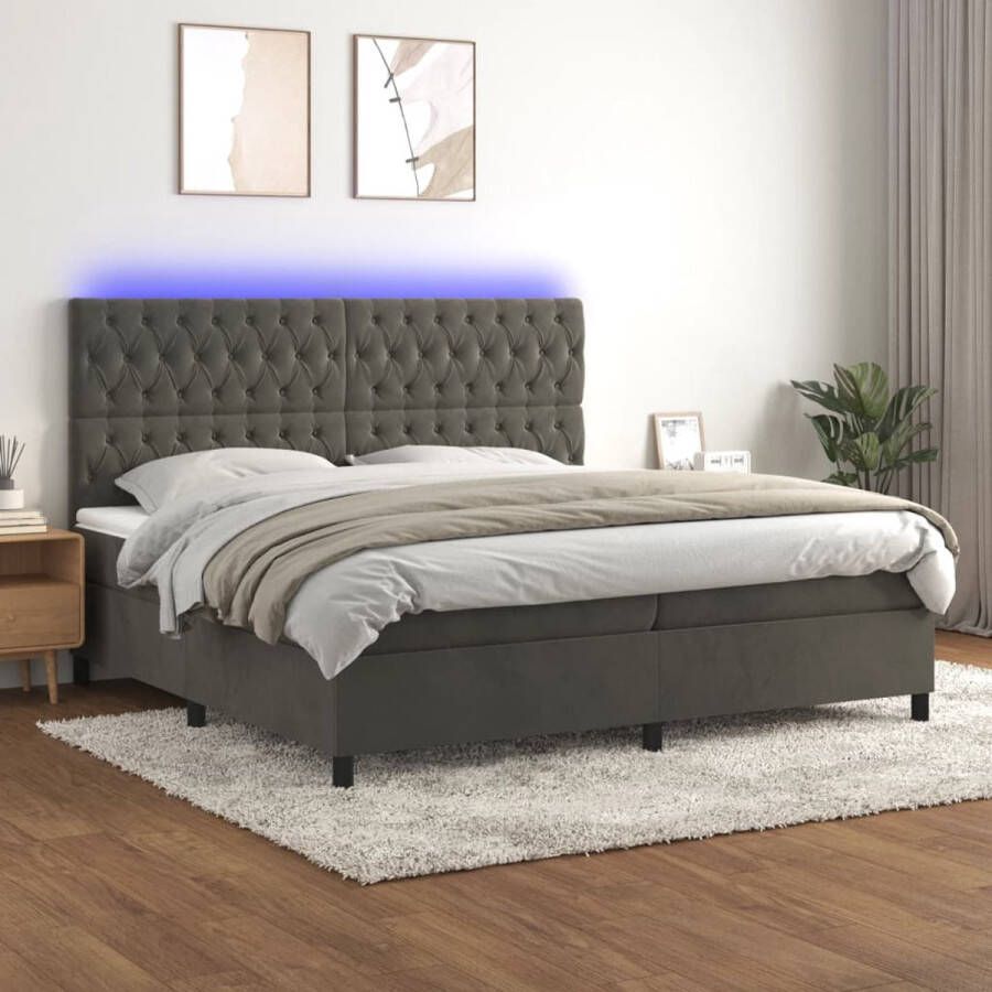 The Living Store Boxspring bed donkergrijs fluweel 203 x 200 x 118 128 cm verstelbaar hoofdbord LED-verlichting pocketvering matras huidvriendelijk topmatras