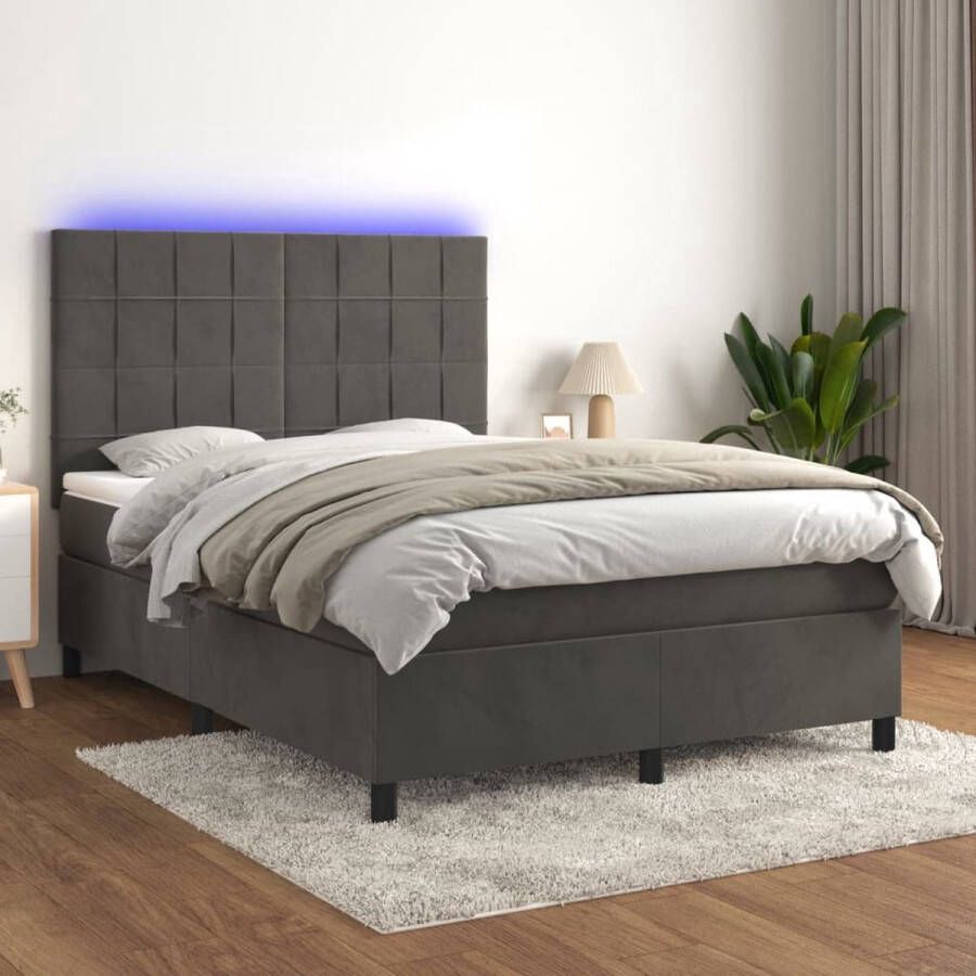 The Living Store Boxspring Bed Fluweel 203 x 144 x 118 128 cm LED Pocketvering matras Huidvriendelijk topmatras Kleur- donkergrijs