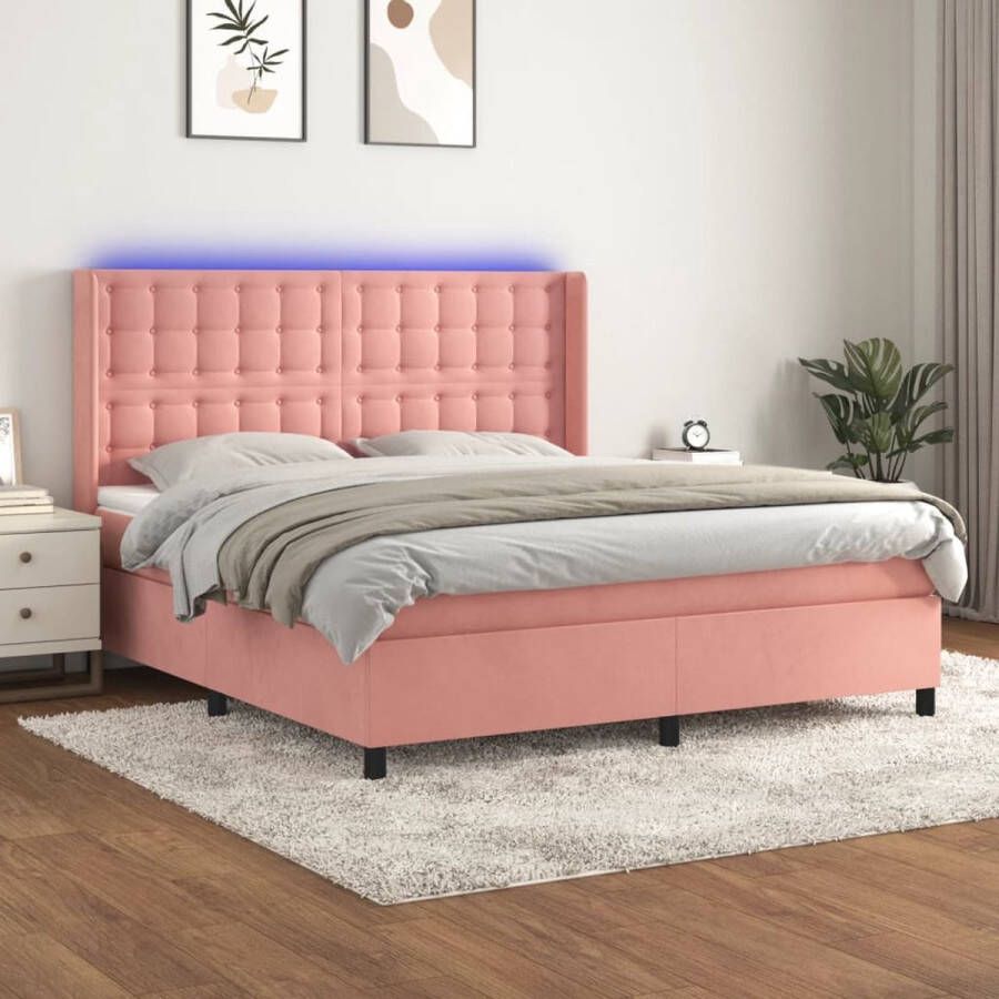 The Living Store Boxspring Bed Fluweel 203x183x118 128 cm Roze Pocketvering matras en topmatras LED-verlichting