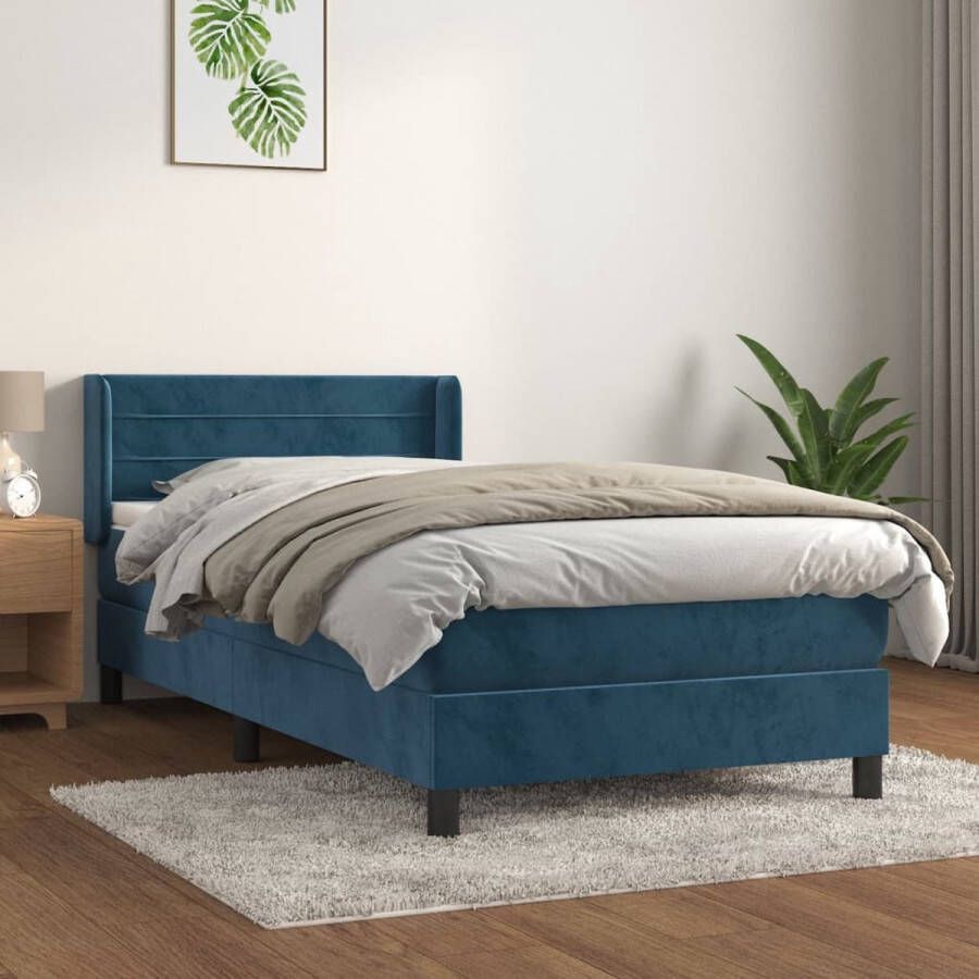 The Living Store Boxspring bed fluweel donkerblauw 193x93x78 88cm pocketvering matras middelharde ondersteuning huidvriendelijk topmatras