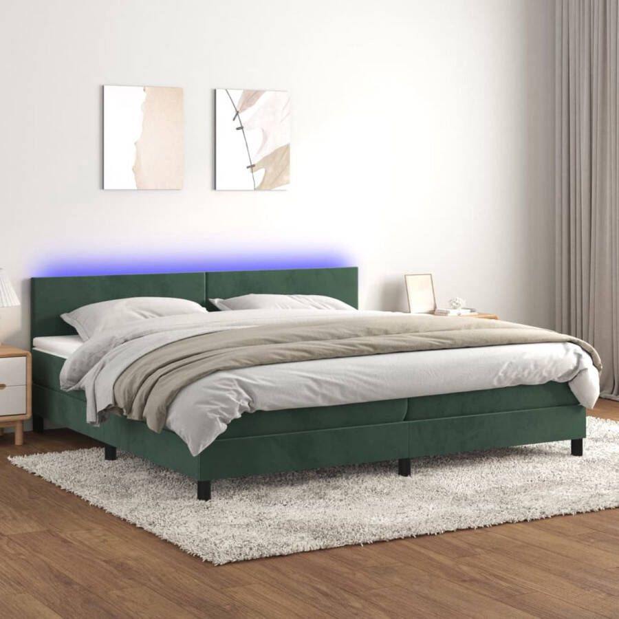 The Living Store Boxspring Bed fluweel donkergroen 203 x 200 cm verstelbaar hoofdbord LED-verlichting pocketvering matras huidvriendelijk topmatras