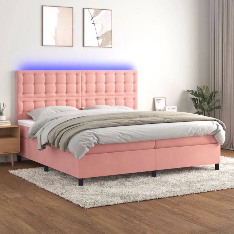 The Living Store Boxspring Bed Fluweel LED Pocketvering Topmatras Roze 203 x 200 x 118 128 cm