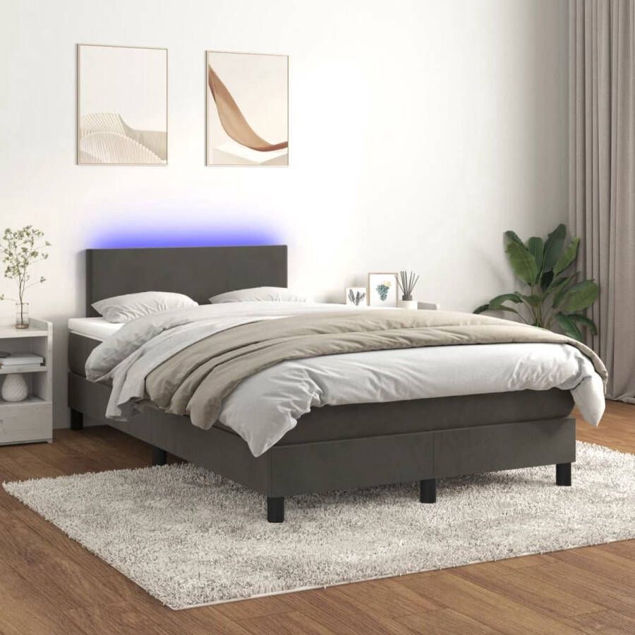 The Living Store Boxspring Bed Fluweel LED-verlichting Pocketvering matras Huidvriendelijk topmatras Donkergrijs 203x120 Boxspring Fluweel Bed Led Bed Tweepersoon Bed Donkere Kleuren
