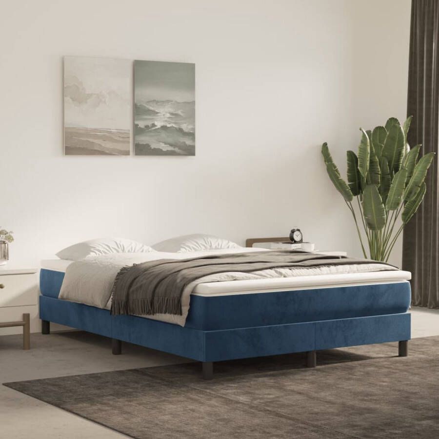 The Living Store Boxspring Bed Fluweel Pocketvering Middelharde ondersteuning Huidvriendelijk Multiplex lattenbodem Donkerblauw 203x140x25 cm