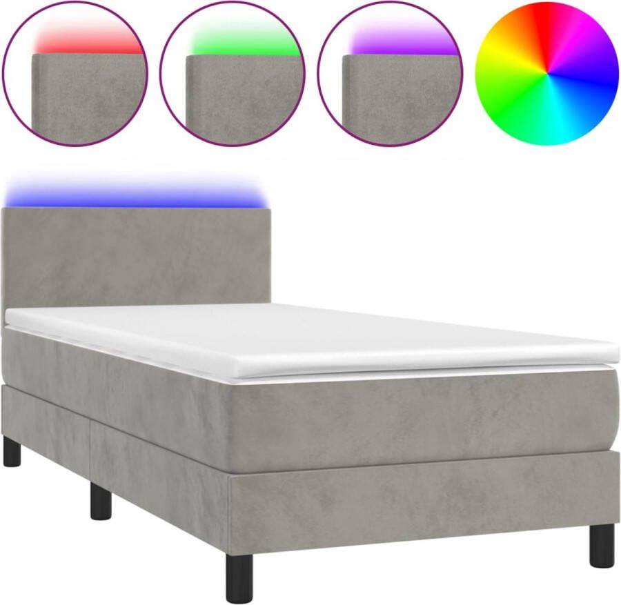 The Living Store Boxspring Bed Fluwelen Bedframe Pocketvering Matras LED-verlichting Wit Lichtgrijs 203x80x78 88cm