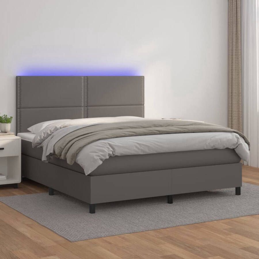 The Living Store Boxspring Bed Grijs Kunstleer 140x190 Met LED